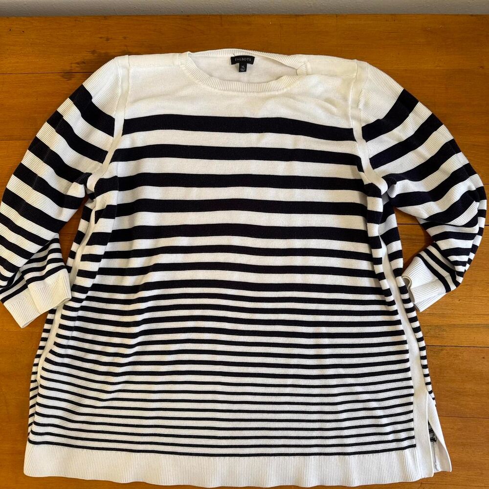 Talbots White Navy Striped Cotton Sweater Womens XL  Coastal Nautical Classic